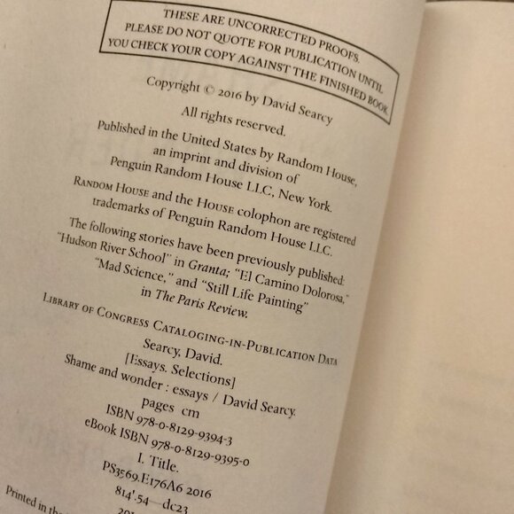 Shame Wonder Essays David Searcy Advance Readers Edition Random House 2016 Book - Picture 3 of 3